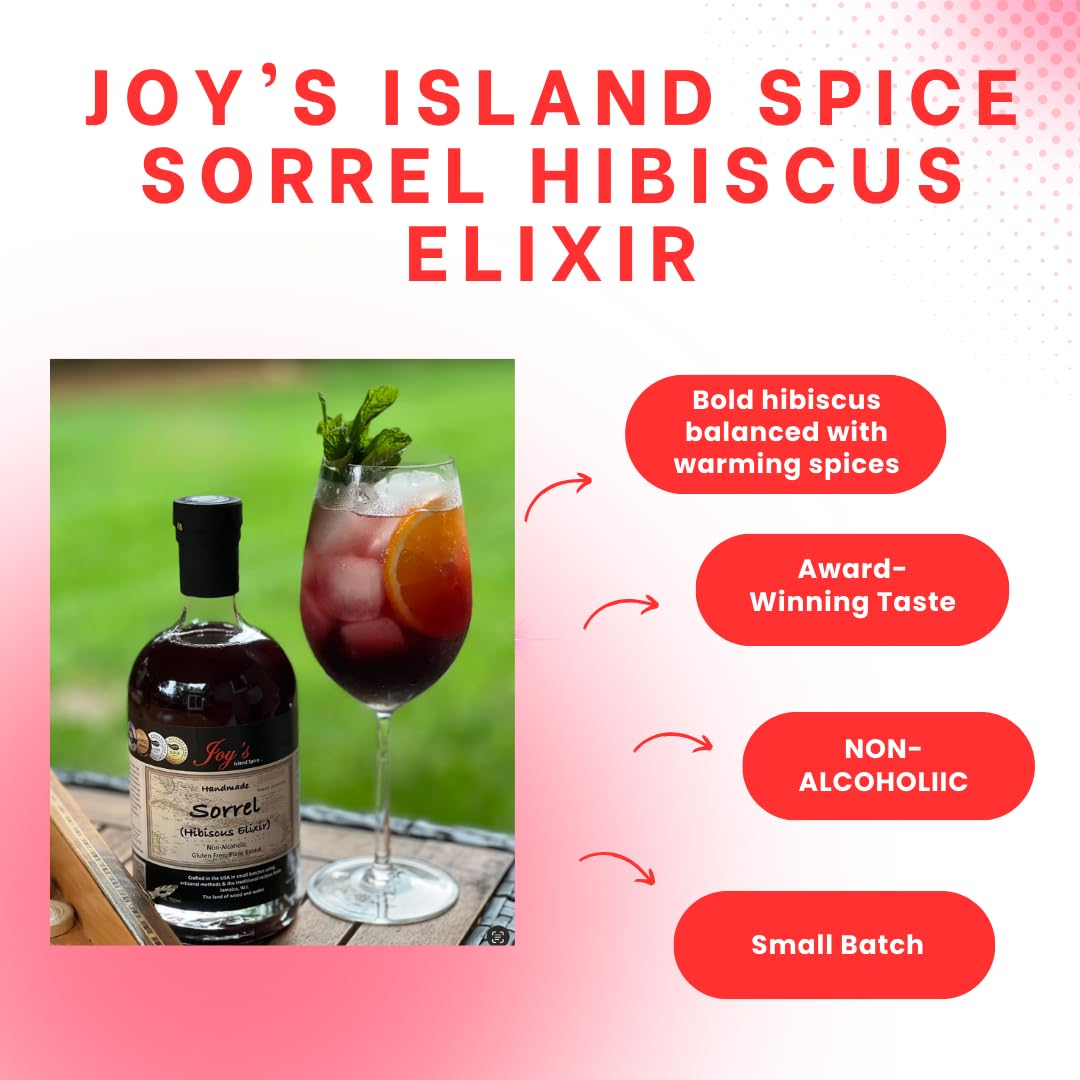 Joy's Island Spice Sorrel Elixir ingredients close-up highlights natural botanicals.