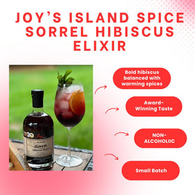 Joy's Island Spice Sorrel Elixir ingredients close-up highlights natural botanicals.
