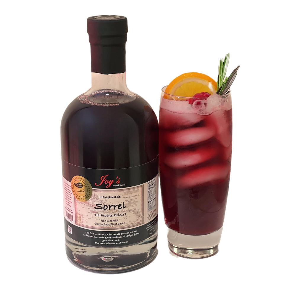 Joy's Island Spice Sorrel Hibiscus Elixir bottle highlights vibrant color, perfect for non-alcoholic cocktails.