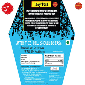 Joytoss chip close-up highlights fiery texture for an intense snacking experience.