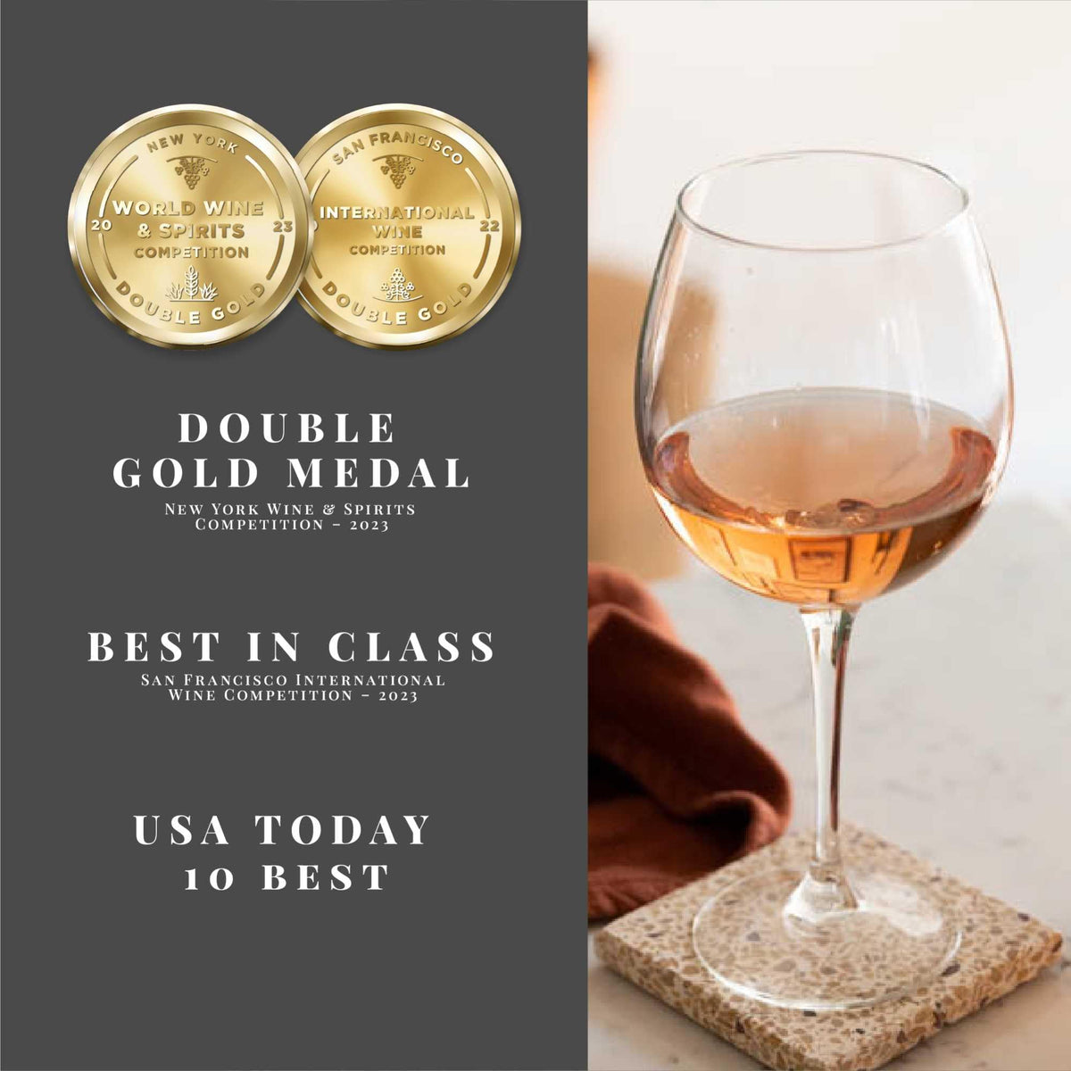 Joyus rose wine pouring into a glass, crisp aroma and balanced finish.