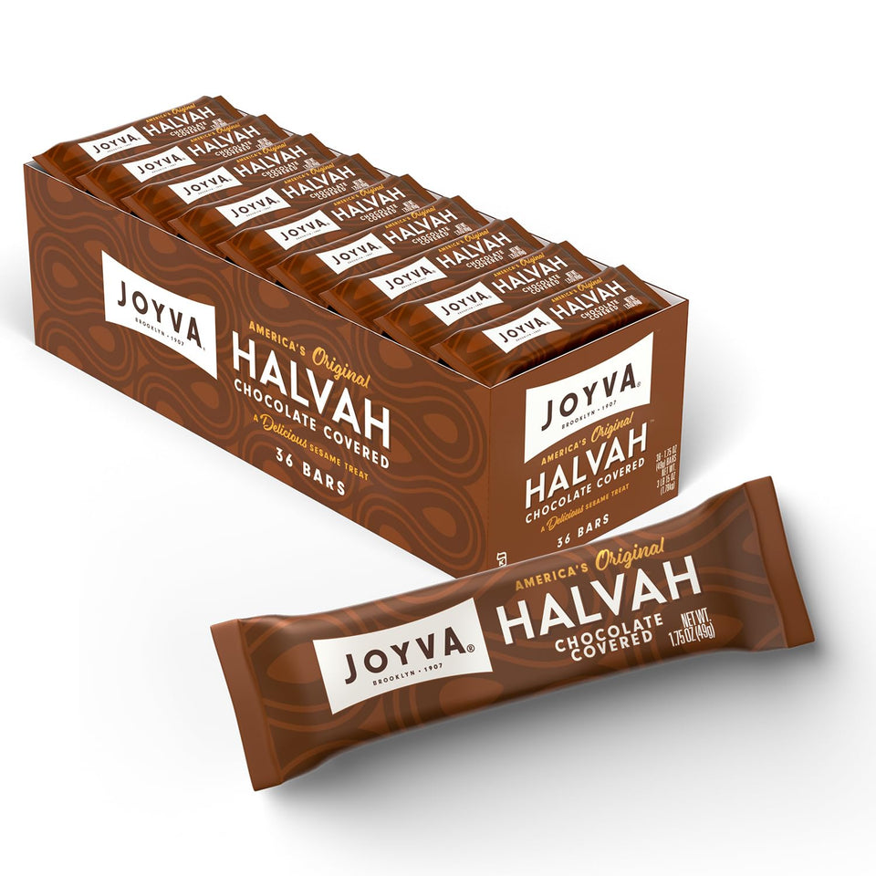 Joyva Halvah chocolate-covered packaging showing a 36-pack, ready to share.