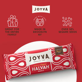 Joyva Halvah Marble chocolate ribbon slice on plate; marbled sesame flavor.