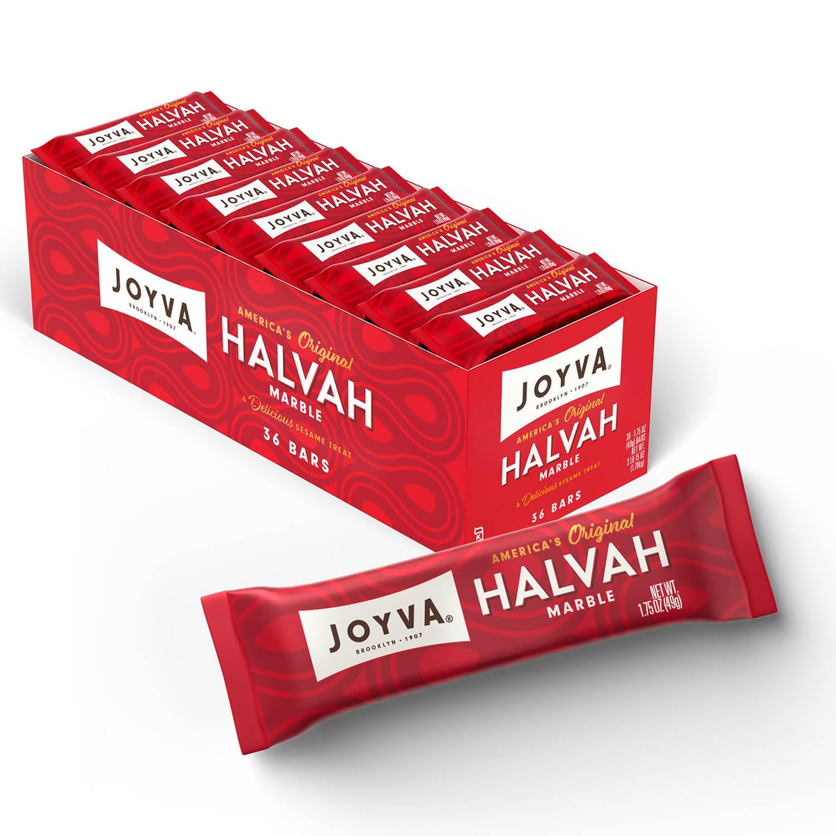 Joyva Halvah Marble pack front shows a convenient 36-pack for on-the-go snacking.