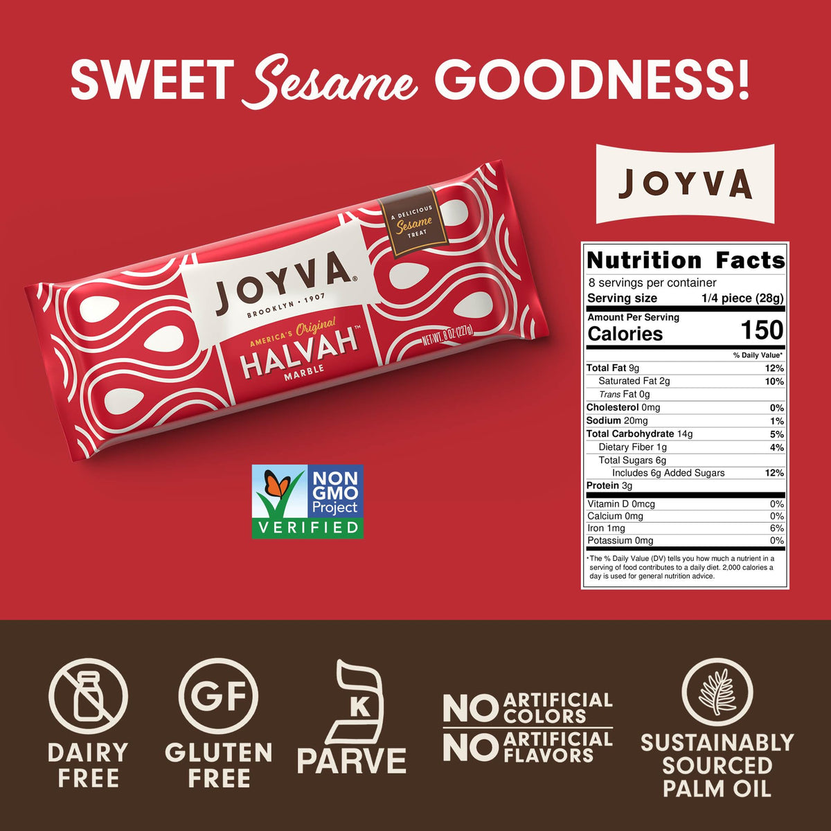 Joyva Halvah Marble 8oz packaging; portable snack for on-the-go.