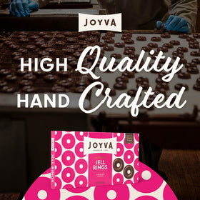 Joyva Jell Rings dark chocolate coating closeup, glossy and inviting.