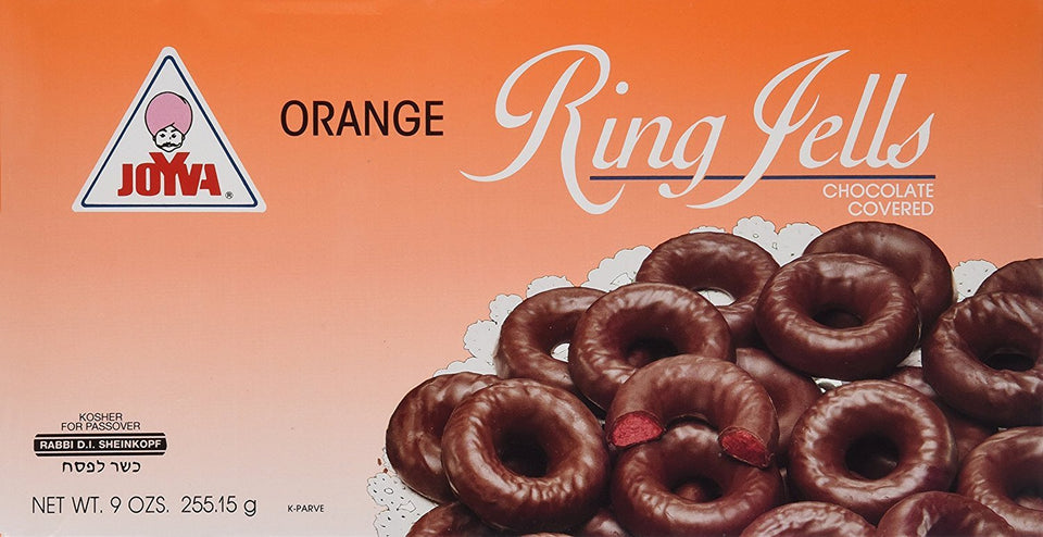 Joyva Orange Jelly Rings close-up, a kosher Passover snack with vivid orange flavor.