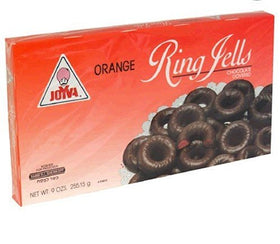 Joyva Orange Jelly Rings packaging shown, convenient 9-ounce jar for sharing at gatherings.