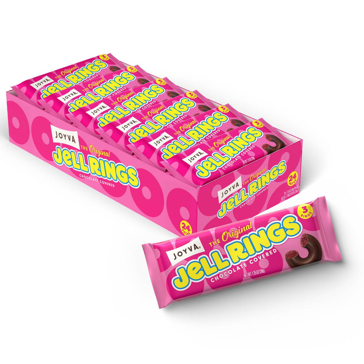 Joyva Original Jell Rings close-up on glossy dark chocolate coating, ideal for sharing.