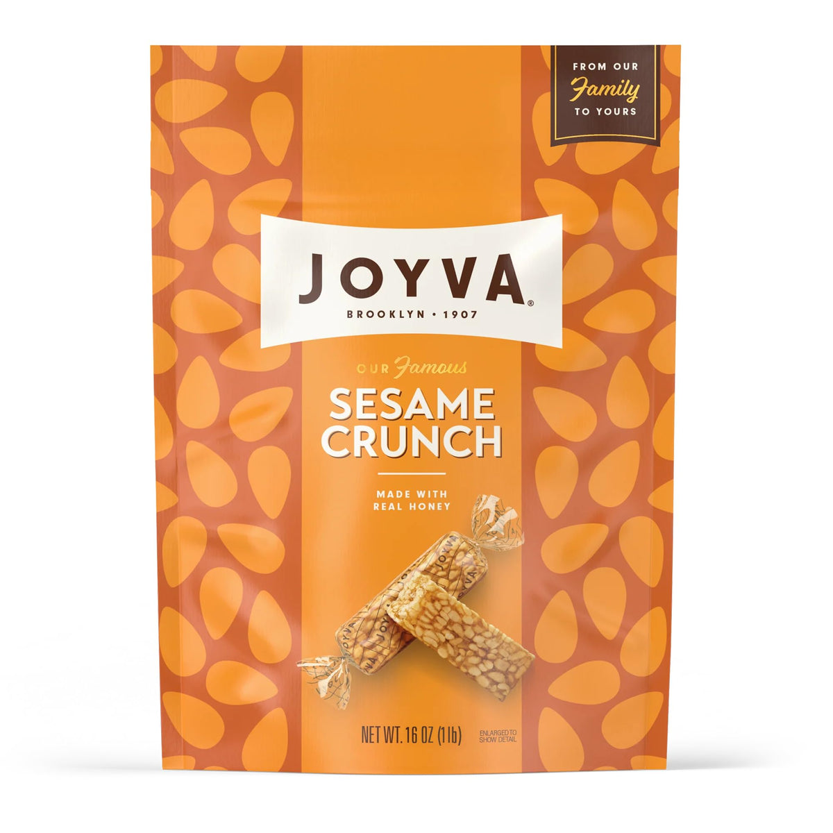 Joyva Sesame Crunch 16oz bag – bite-sized pieces ideal for on-the-go snacking.