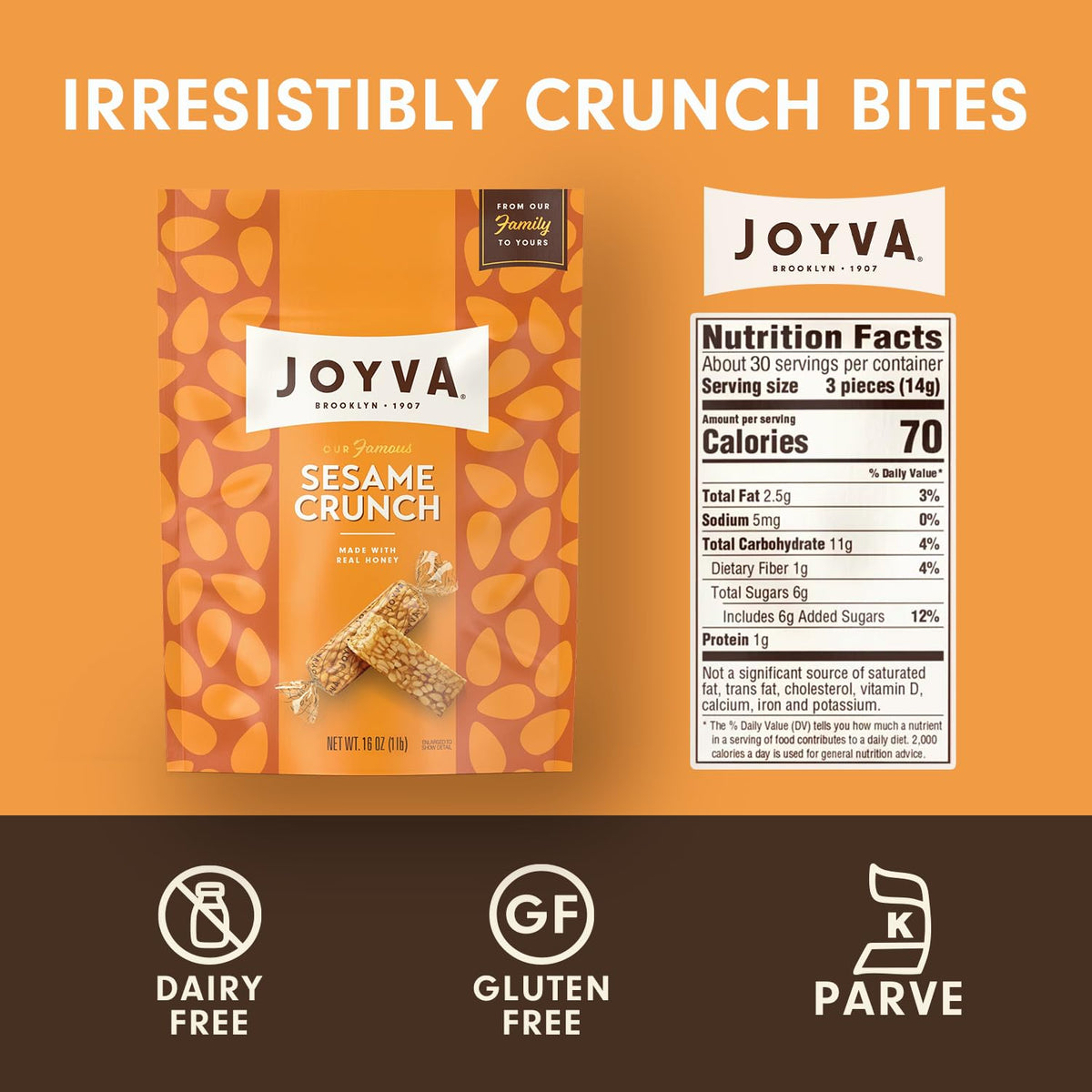Joyva Sesame Crunch bag open – inviting texture and aroma for snacking.