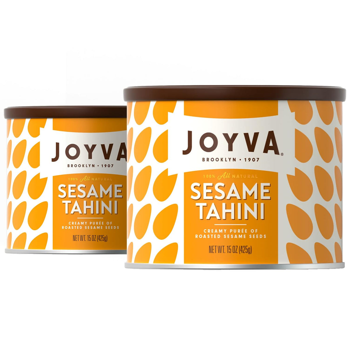 Joyva Tahini Paste two-tin packaging showcases smooth texture for dressings and spreads