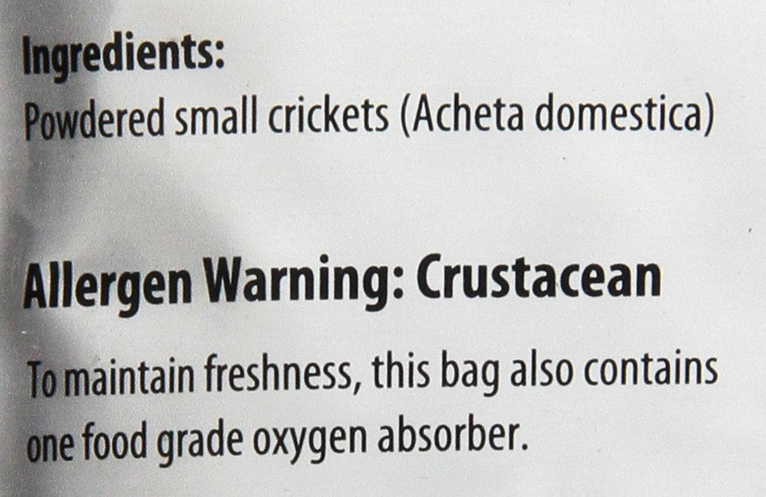 JR Unique Foods cricket powder bag label indicating 100% pure cricket powder for clean cooking.