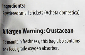 JR Unique Foods cricket powder bag label indicating 100% pure cricket powder for clean cooking.