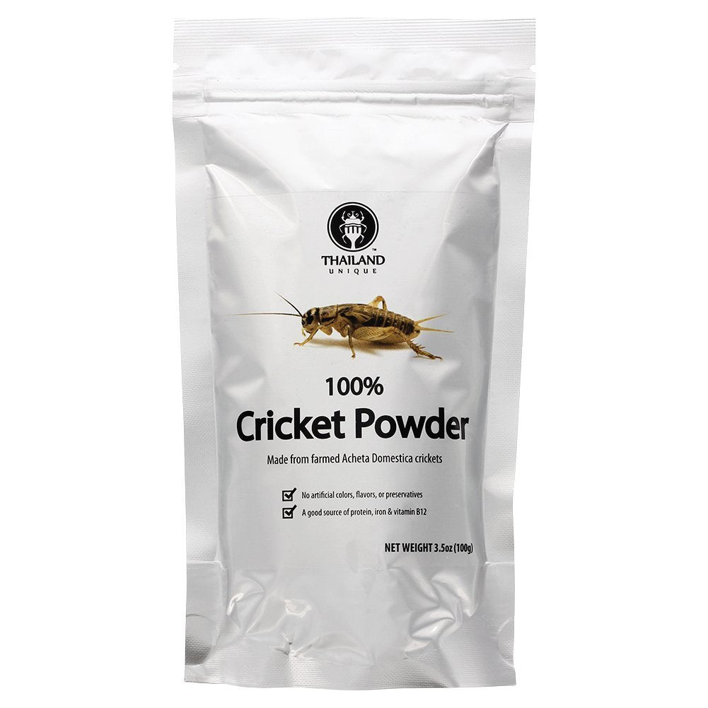 JR Unique Foods cricket powder pack close-up showing fine texture for baking and protein boosts.