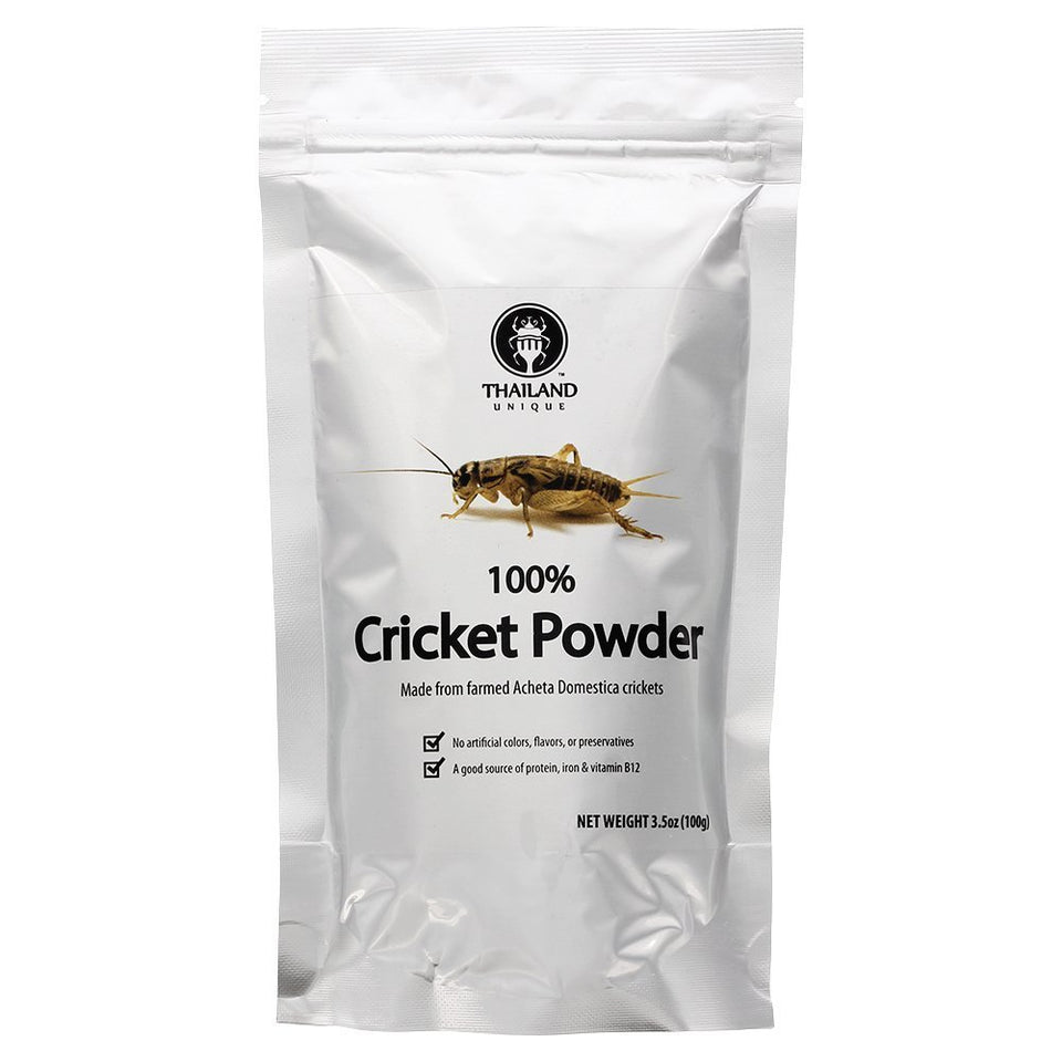 JR Unique Foods cricket powder pack close-up showing fine texture for baking and protein boosts.