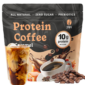 JRR Caramel Protein Coffee bottle pour highlights energy and natural ingredients
