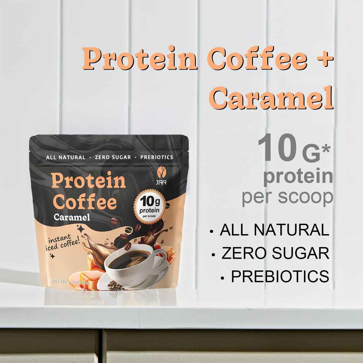 JRR Caramel Protein Coffee label natural ingredients appeals to health-minded drinkers