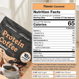 JRR Caramel Protein Coffee wellness-boost glass suggests convenient energy with prebiotics