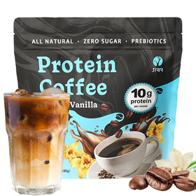JRR French Vanilla Protein Iced Coffee bottle pour highlights convenient energy on the go