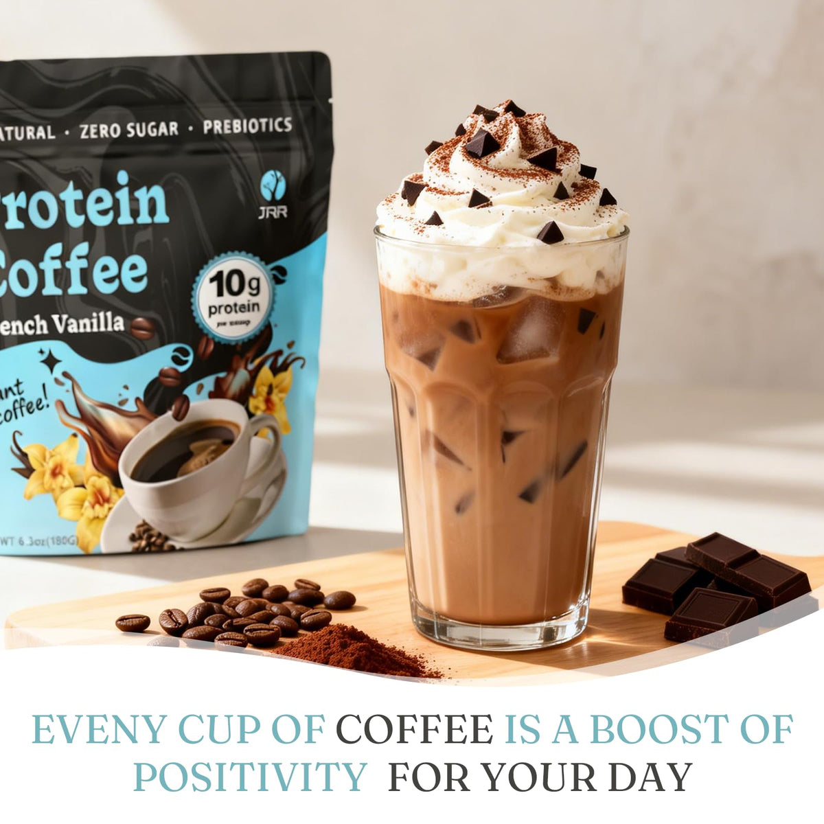 JRR French Vanilla protein iced coffee glass serve showcases a smooth, low-carb refreshment