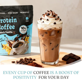 JRR French Vanilla protein iced coffee glass serve showcases a smooth, low-carb refreshment