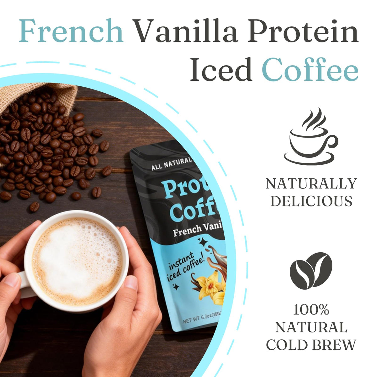 JRR French Vanilla protein iced coffee package features natural ingredients and premium whey