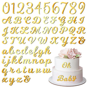 Jspupifip 128-piece acrylic alphanumeric topper with mirror gold finish enhances celebration cakes.
