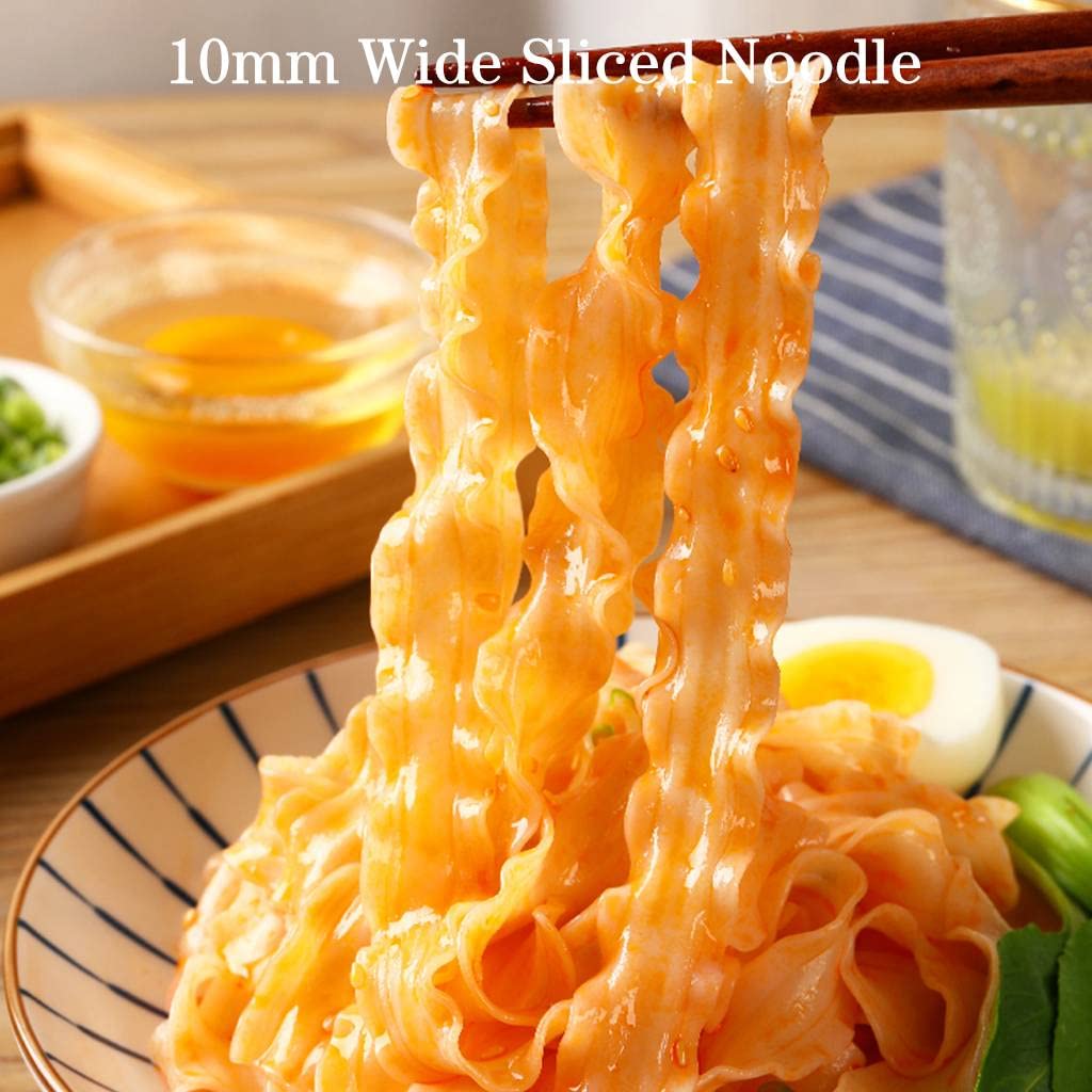Close-up of JTEDZI noodles showing chewy texture and ribbon shape