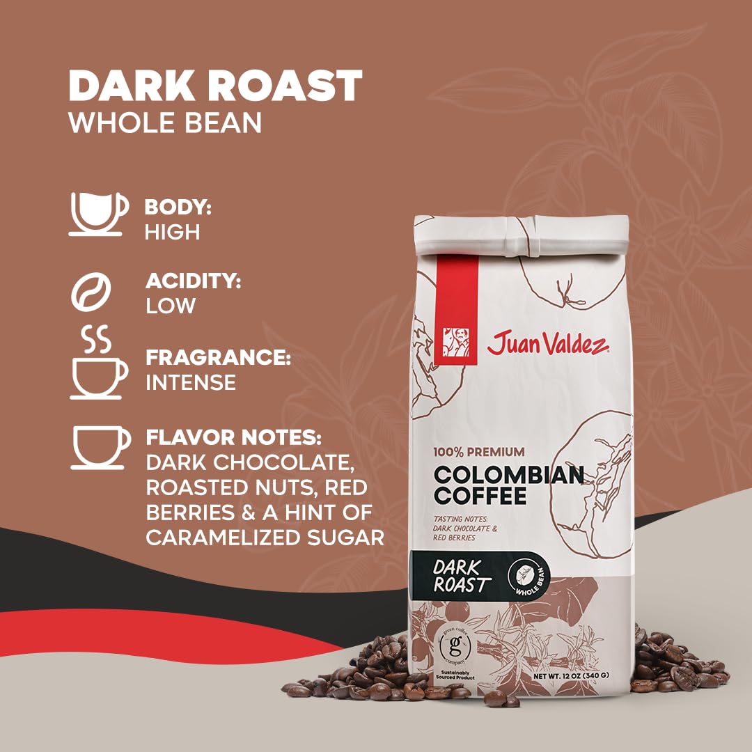 Detail of the Juan Valdez Dark Roast bag label, highlighting origin and ethics.