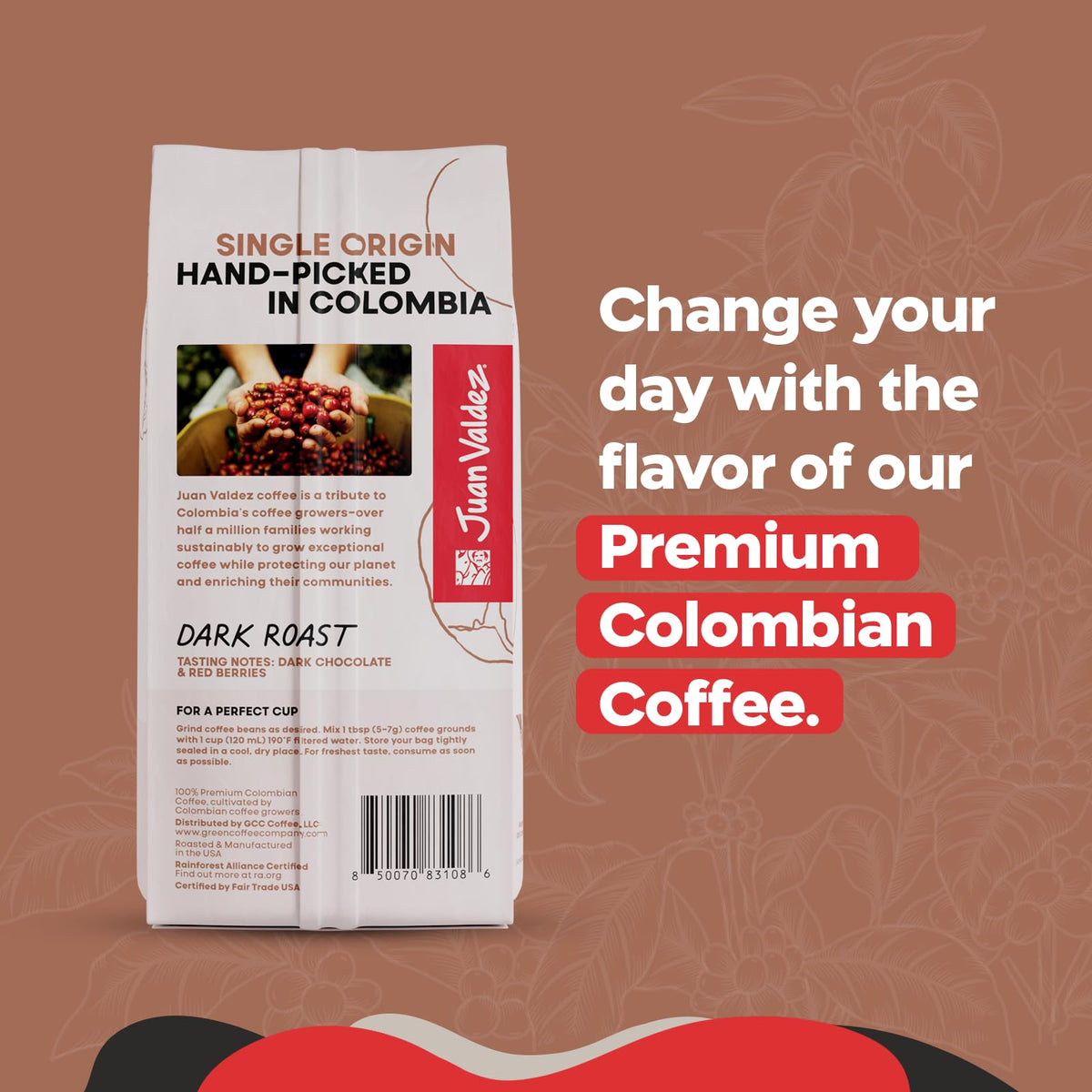Juan Valdez dark roast brewed cup shows rich chocolate notes