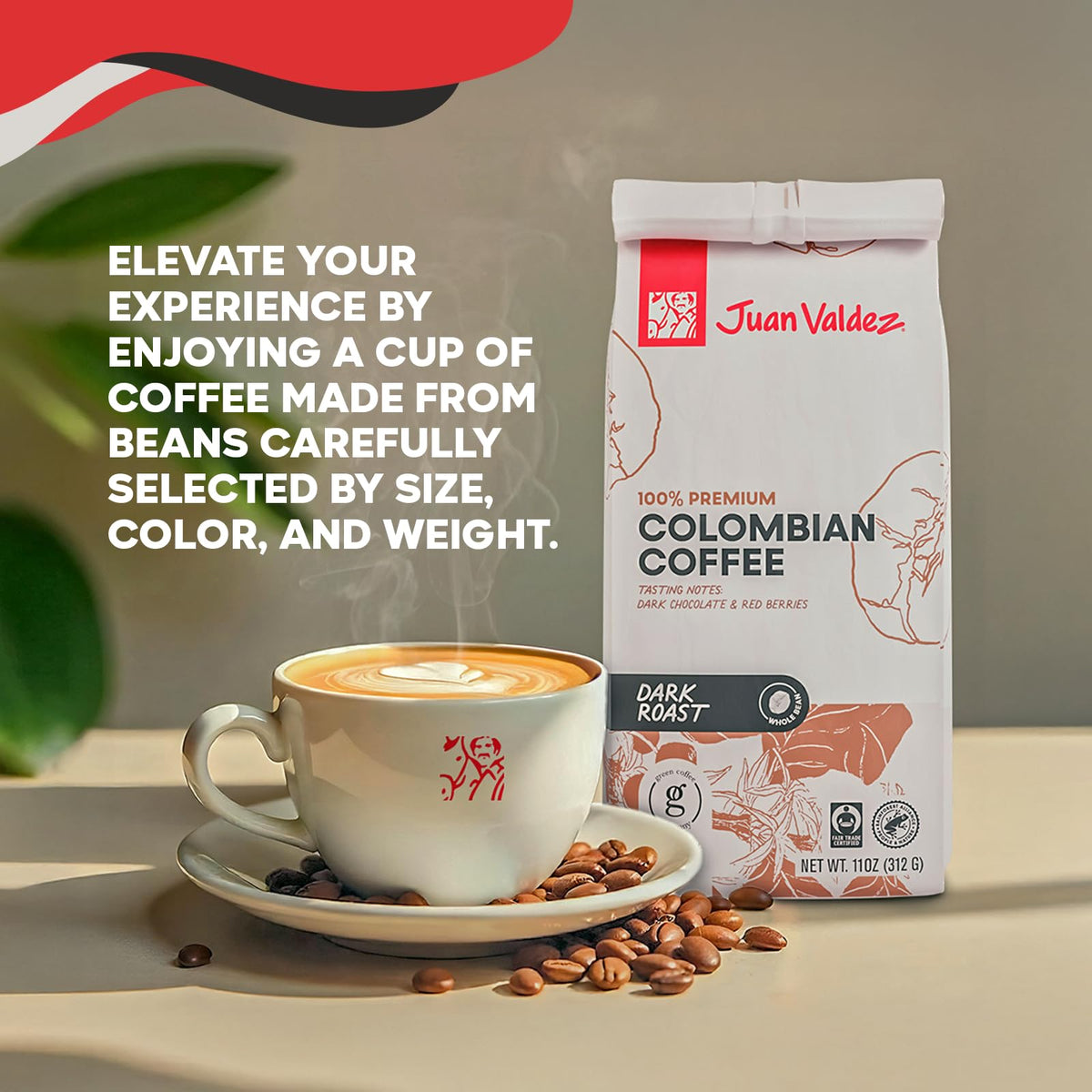 Farm-to-cup concept for Juan Valdez, emphasizing Colombian origin and responsible farming.