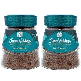 Steaming Juan Valdez decaf freeze-dried coffee cup front view for quick mornings
