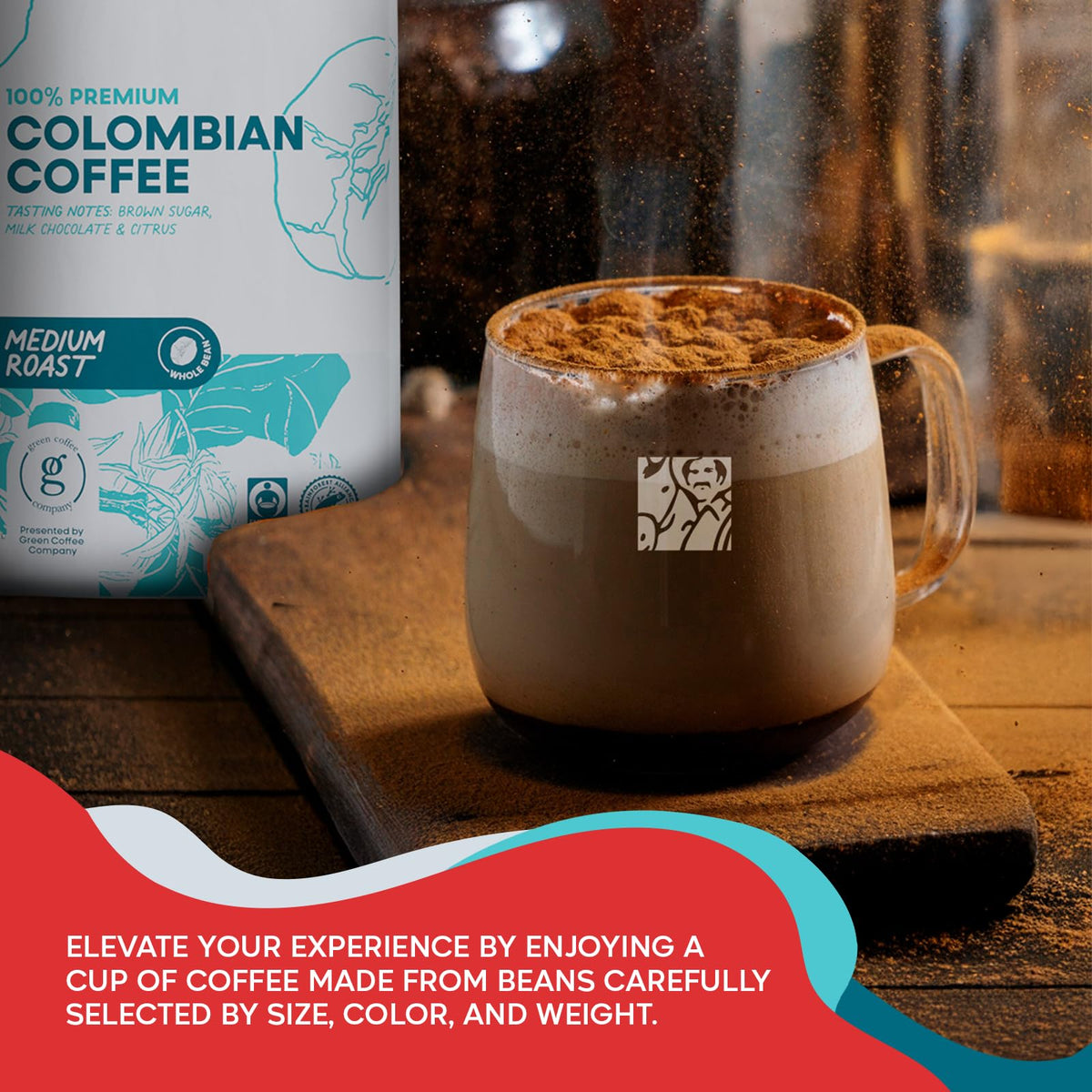Packaging displays Fair Trade and Rainforest Alliance certifications for Juan Valdez.