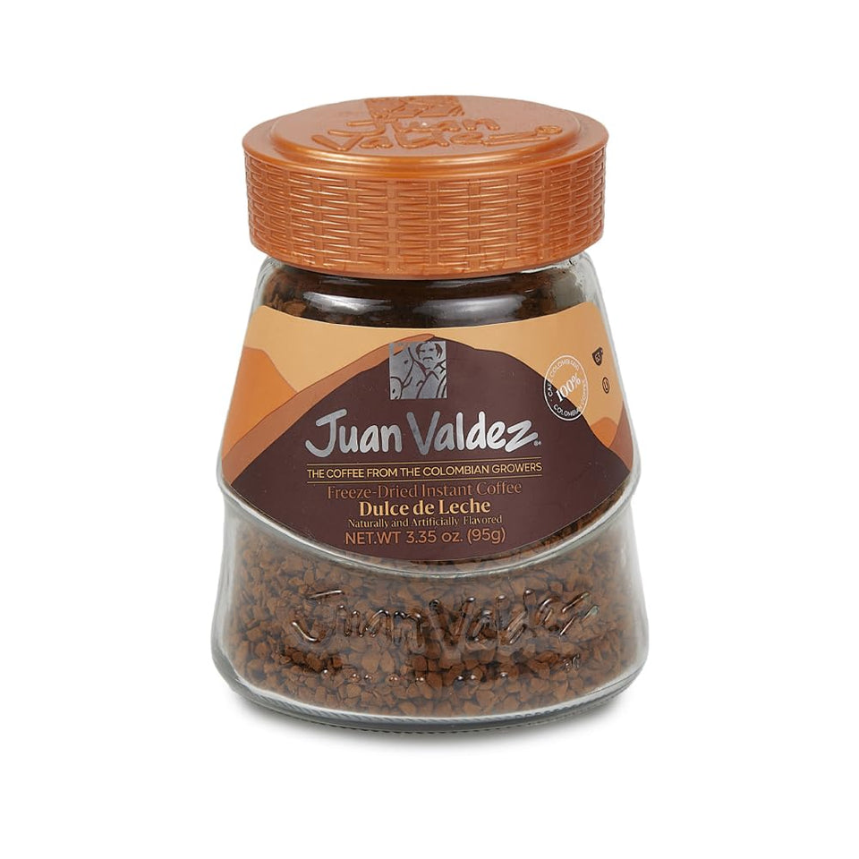Juan Valdez freeze-dried coffee with dulce de leche flavor, instant-ready for busy mornings.