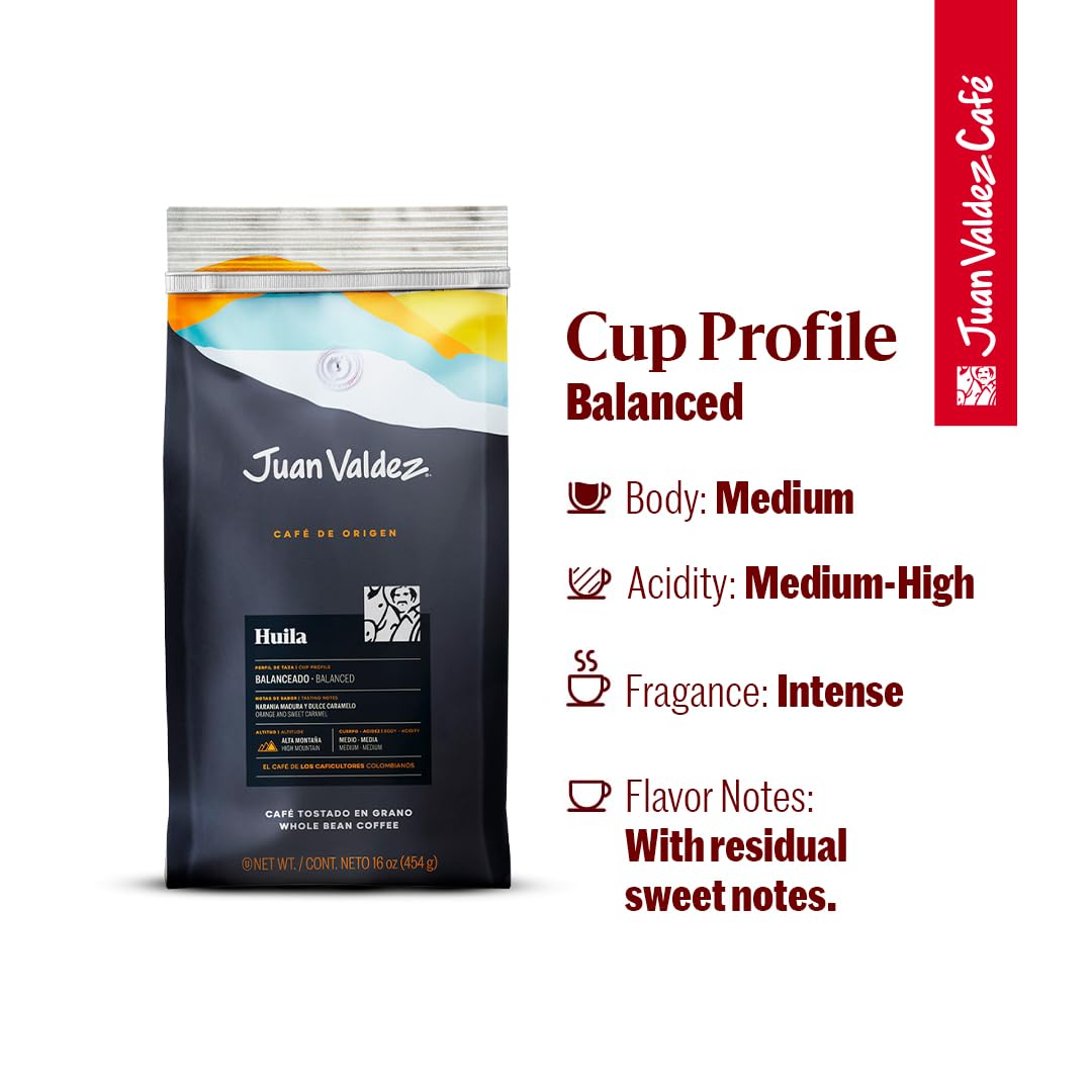 Juan Valdez Huila orange-note beans provide bright citrus flavor in every cup.