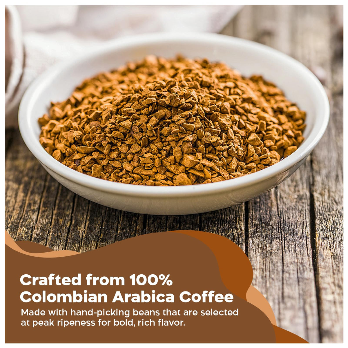 Juan Valdez instant coffee dissolves in hot or cold water for convenient use.