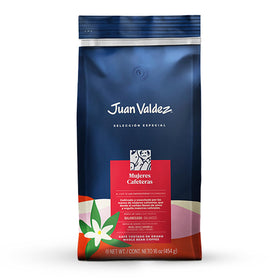 Juan Valdez Mujeres Cafeteras whole bean bag front, premium Colombian flavor
