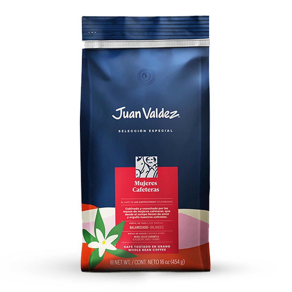 Juan Valdez Mujeres Cafeteras whole bean bag front, premium Colombian flavor