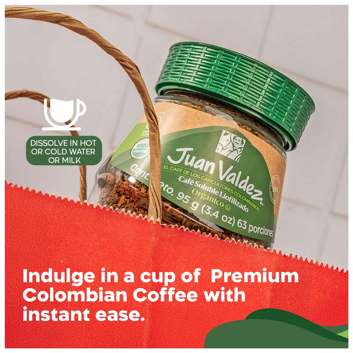 Juan Valdez Organic freeze-dried coffee aroma rising from mug evokes inviting home café.