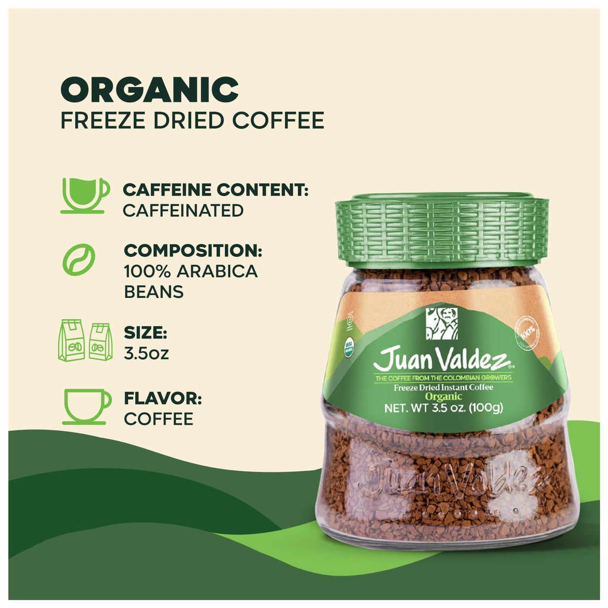 Juan Valdez Organic freeze-dried coffee on kitchen shelf signals accessible premium flavor.