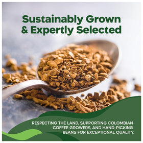 Juan Valdez Organic freeze-dried coffee label emphasizes USDA Organic and Colombian origin.