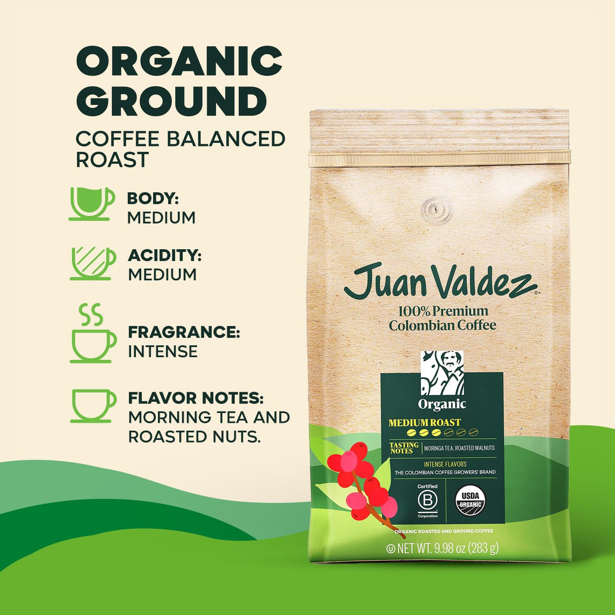 Juan Valdez Organic Ground Coffee aroma steam rising from cup.