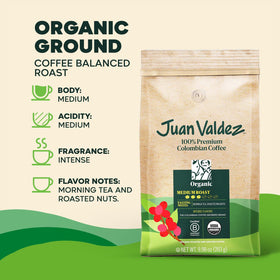 Juan Valdez Organic Ground Coffee aroma steam rising from cup.