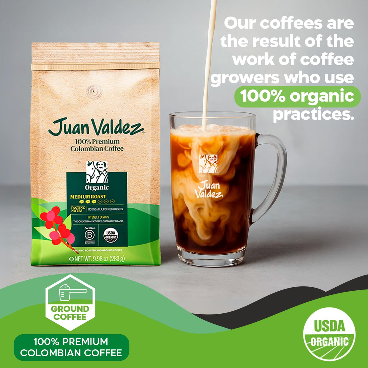 Juan Valdez Organic Ground Coffee balanced roast beans showing rich color.