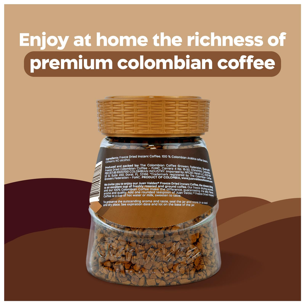 Juan Valdez packaging bottle and jar design signals freshness and convenience.