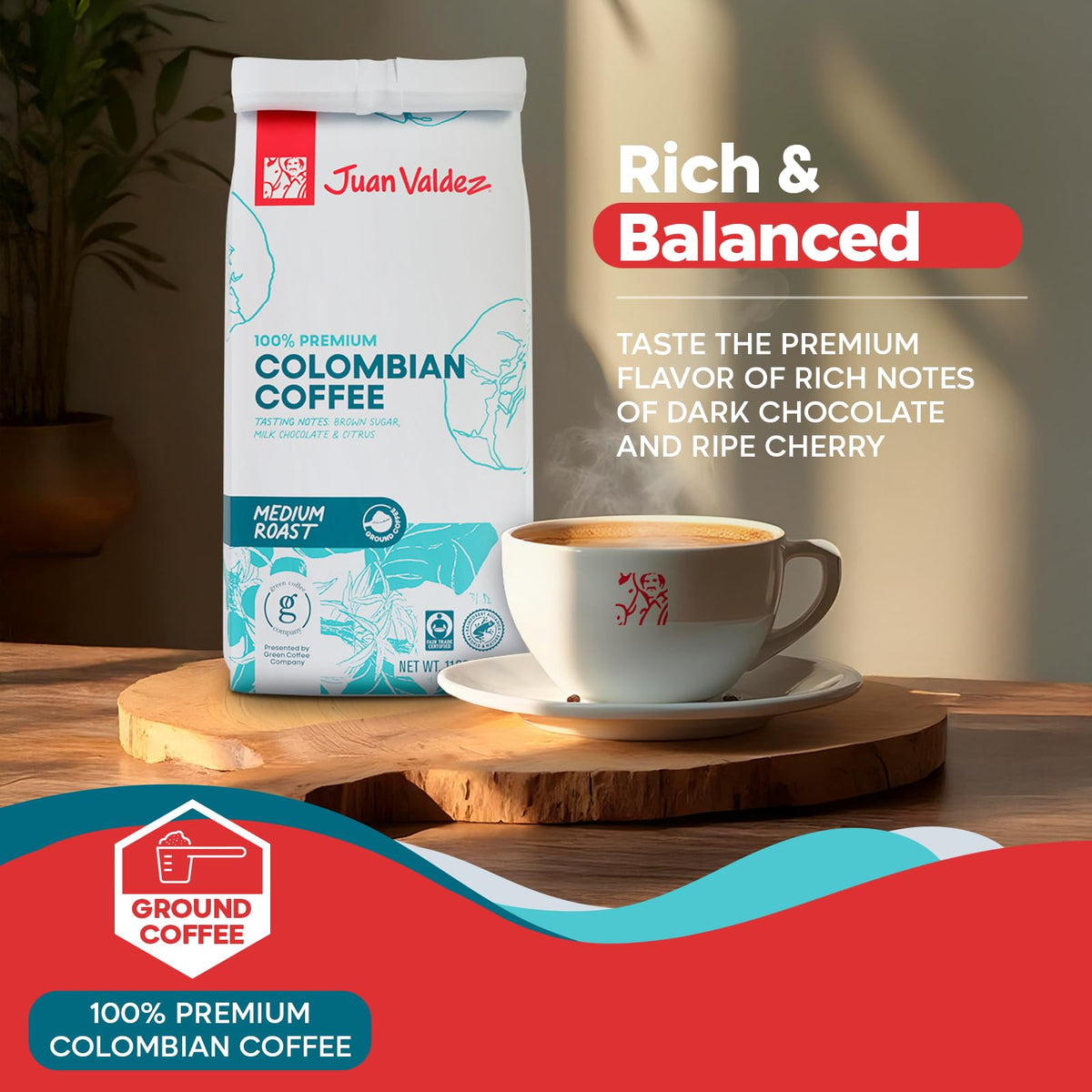 Juan Valdez single-origin Colombia coffee showcases bright citrus notes.