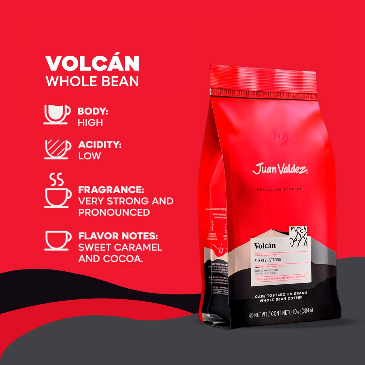 Juan Valdez Volcan aroma steam rising from cup, signaling inviting chocolatey notes.
