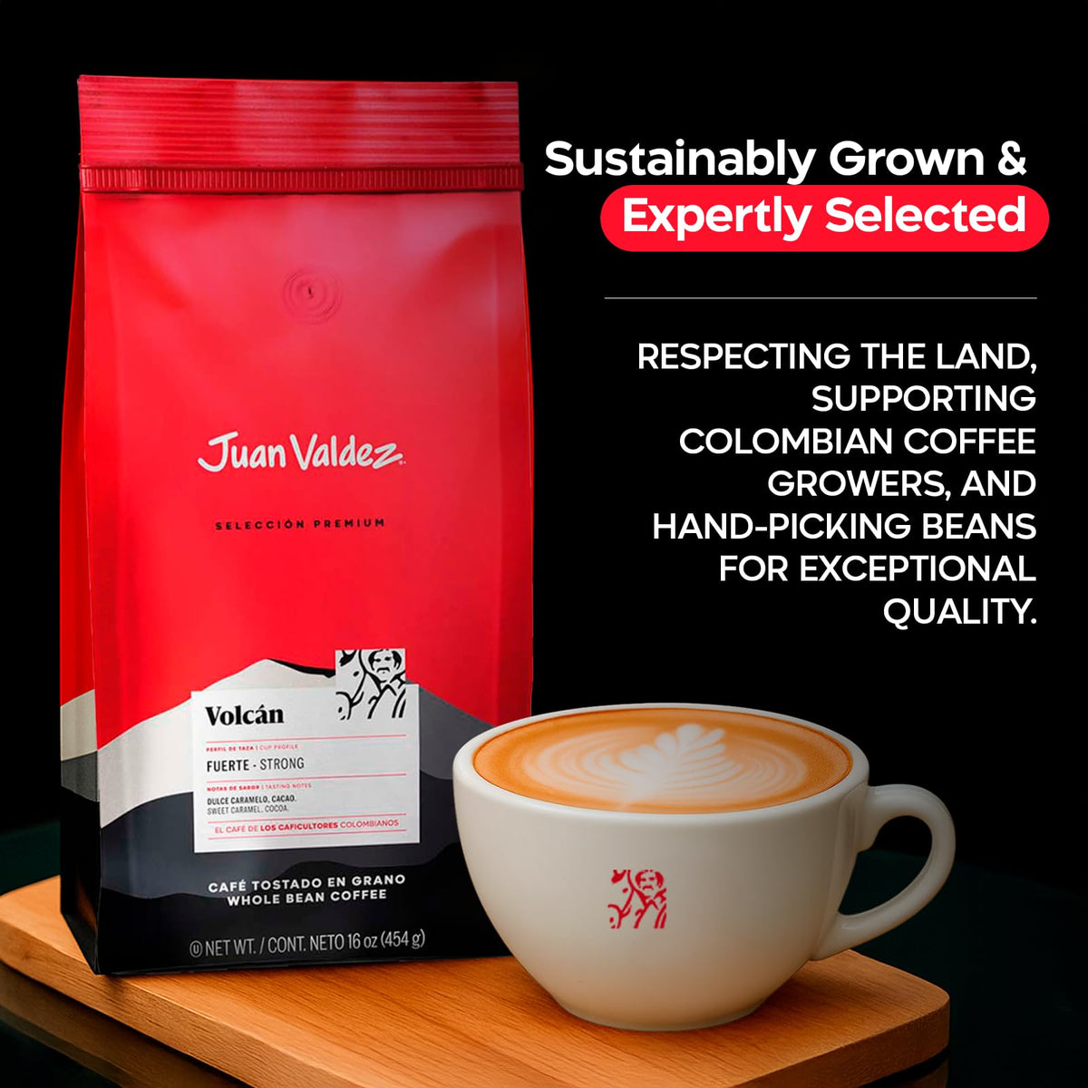 Juan Valdez Volcan volcanic soil origin, emphasizing sustainable Colombian coffee.