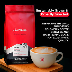 Juan Valdez Volcan volcanic soil origin, emphasizing sustainable Colombian coffee.